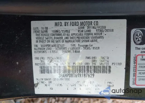 2009 Ford Fusion Sel z USA, uszkodzony, nr VIN 3FAHP08169R187629